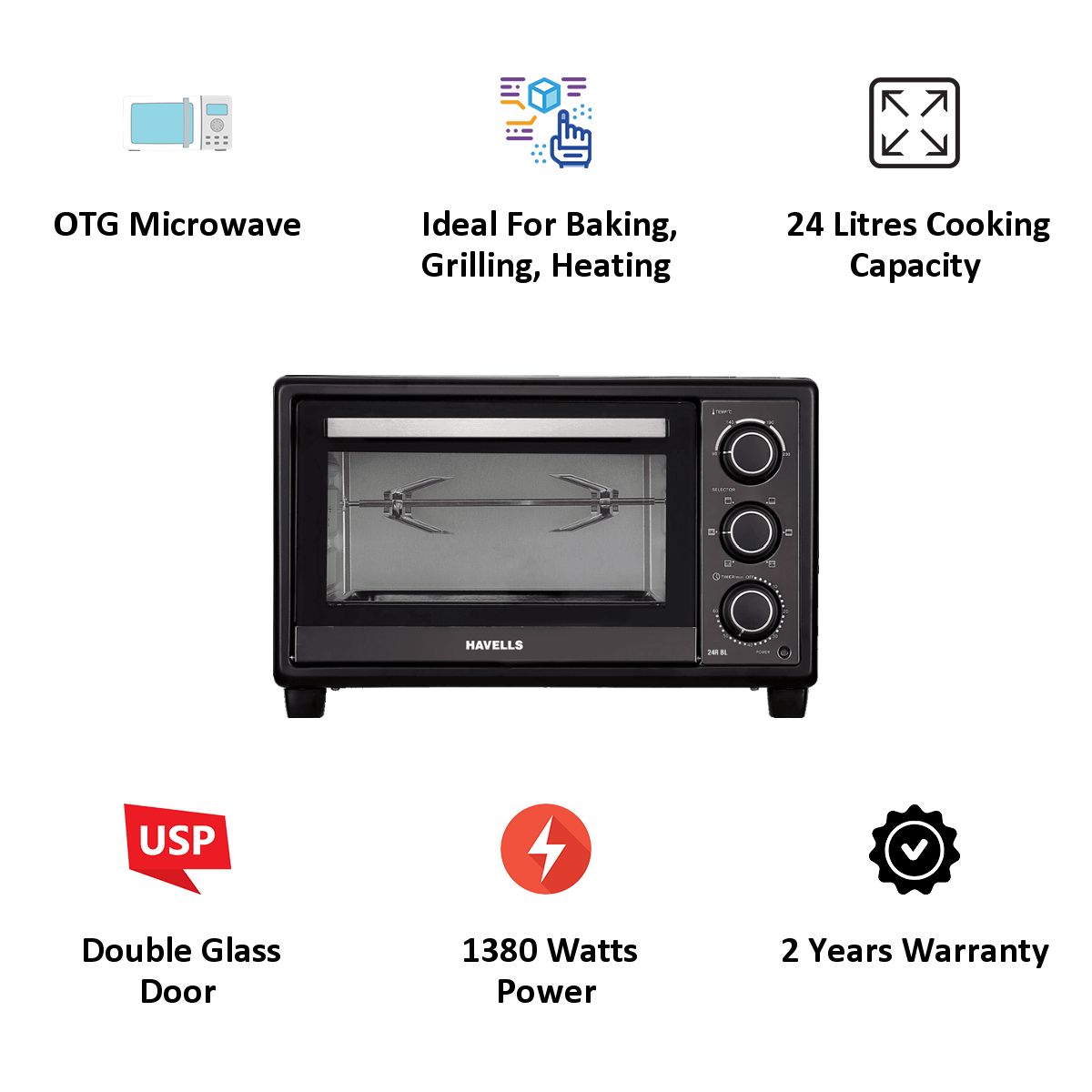 Buy HAVELLS 24R BL 24L Oven Toaster Grill with Motorized Rotisserie